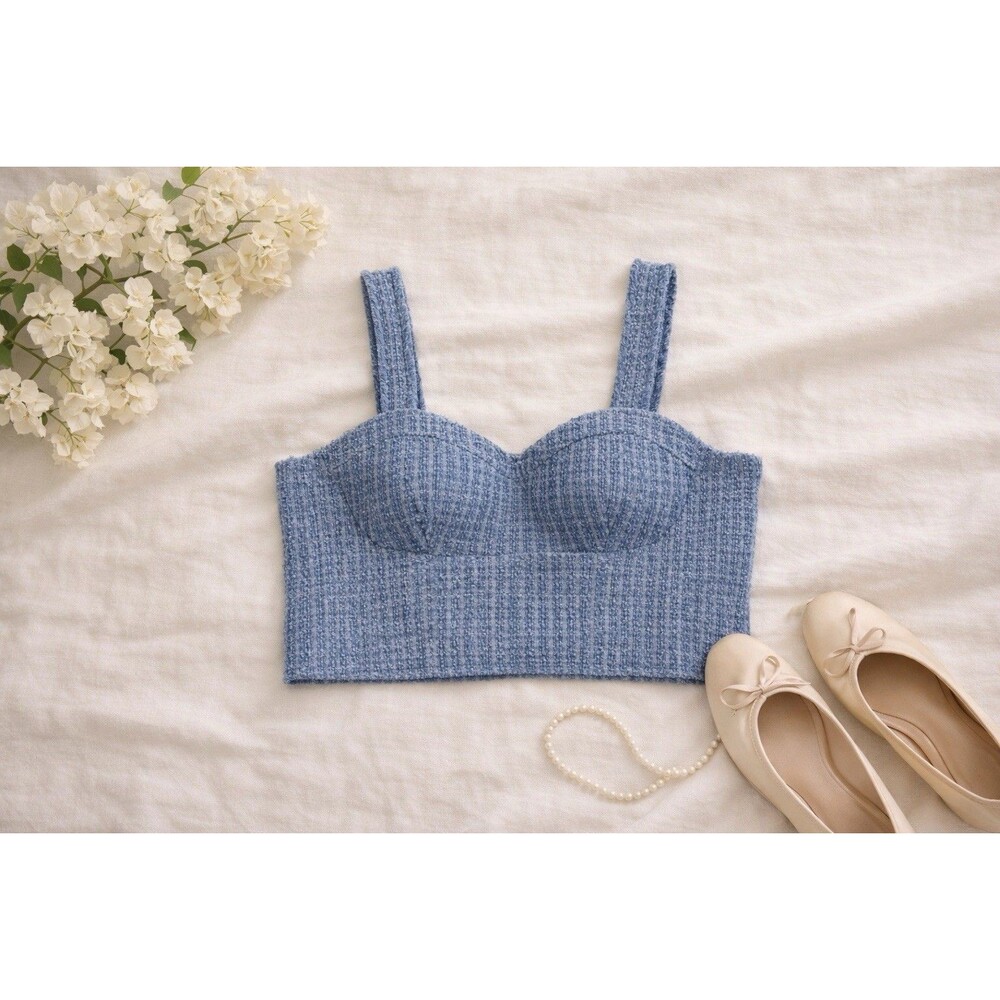 Boucle Knit Bustier Crop Top Coquette Balletcore Fuzzy Bralette Tank Blue XXL